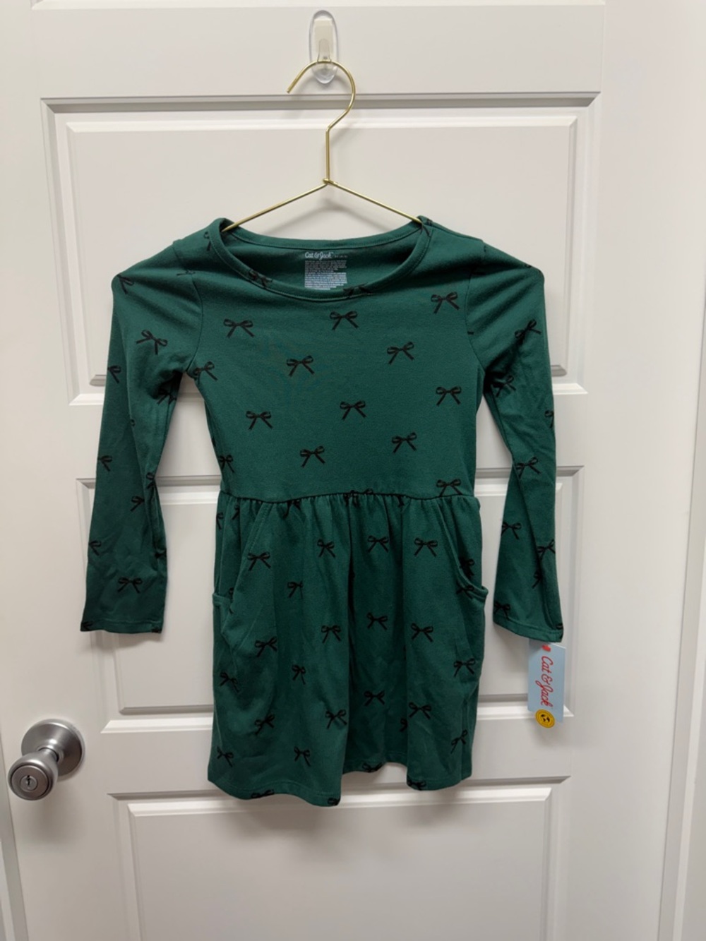 Cat & Jack Dark Green Long Sleeve Bow Print Dress